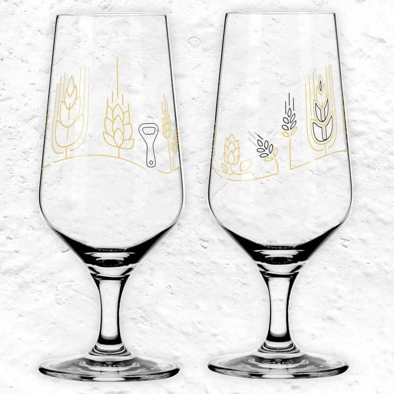 Brauchzeit Pils Glass Set Featuring Hops, Malt and Bottle Opener Illustration des. Sonja Eikler for Ritzenhoff