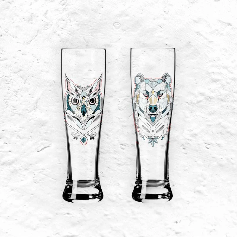 Brauchzeit 'Weizen' (Wheat Beer) Glass Set featuring Bear and Owl Illustration, des. Andreas Preis for Ritzenhoff