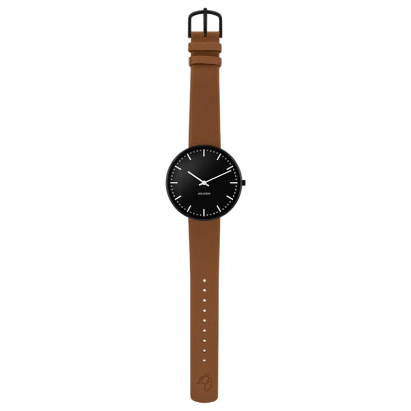 City Hall Watch, des. Arne Jacobsen - 40mm - Black with Brown Pampass Leather Strap - Image 2