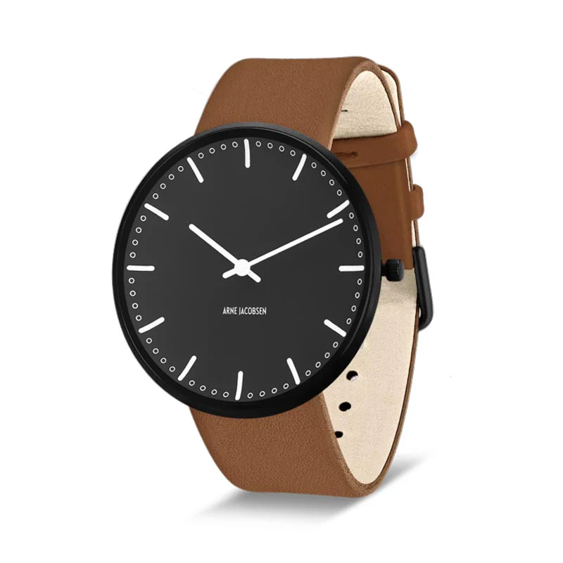 City Hall Watch, des. Arne Jacobsen - 40mm - Black with Brown Pampass Leather Strap - Image 3