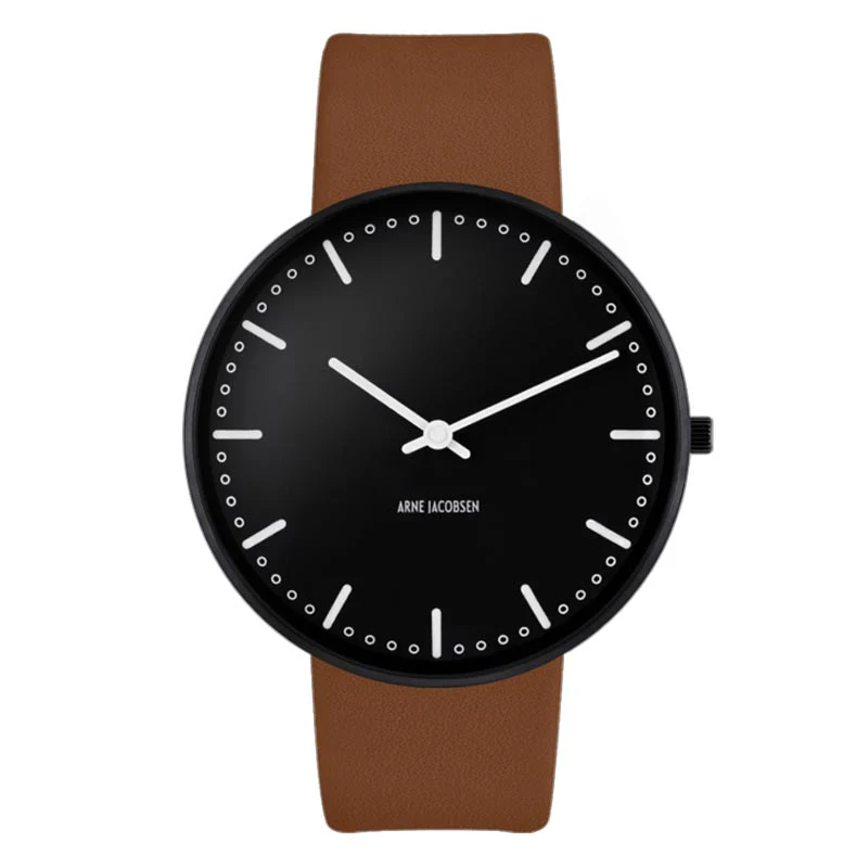 City Hall Watch, des. Arne Jacobsen - 40mm - Black with Brown Pampass Leather Strap - Image 6