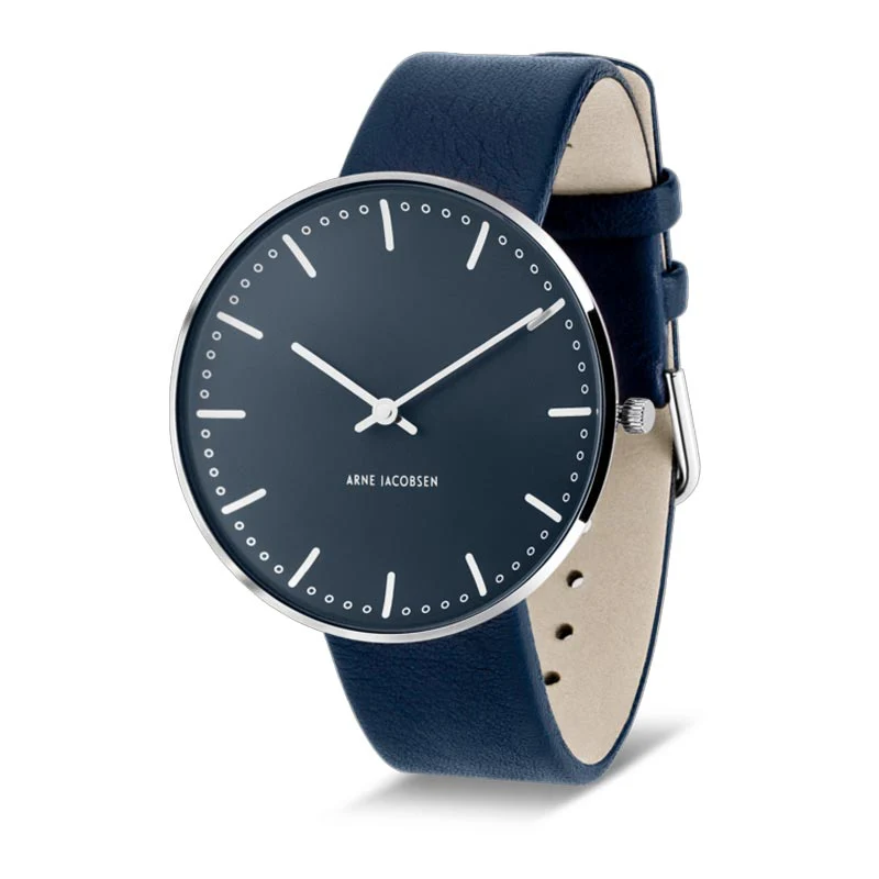 City Hall Watch, des. Arne Jacobsen - 40mm - Oxford Blue with Oxford Blue Leather Strap - Image 3