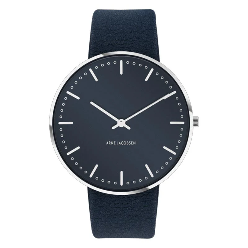 City Hall Watch, des. Arne Jacobsen - 40mm - Oxford Blue with Oxford Blue Leather Strap - Image 6