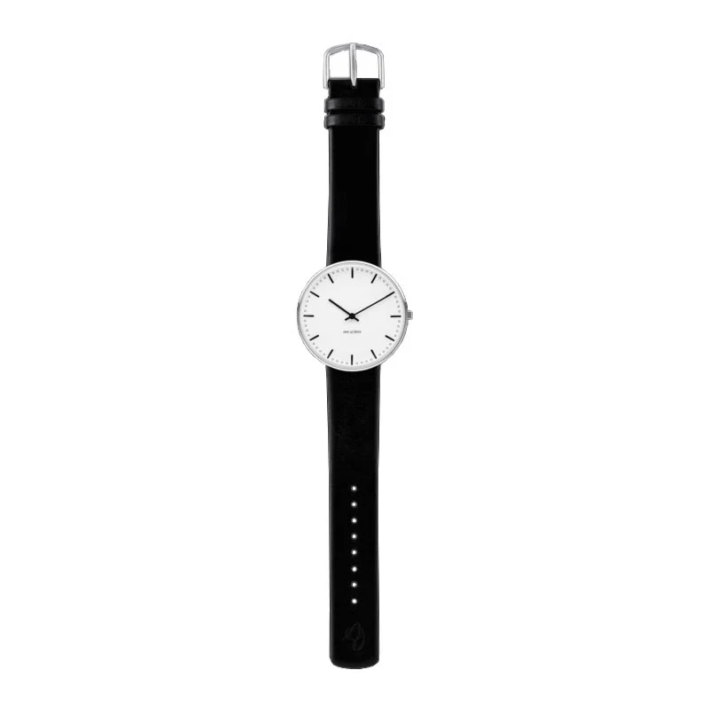 City Hall watch des. Arne Jacobsen  - 40mm diameter, white dial, black strap - Image 2
