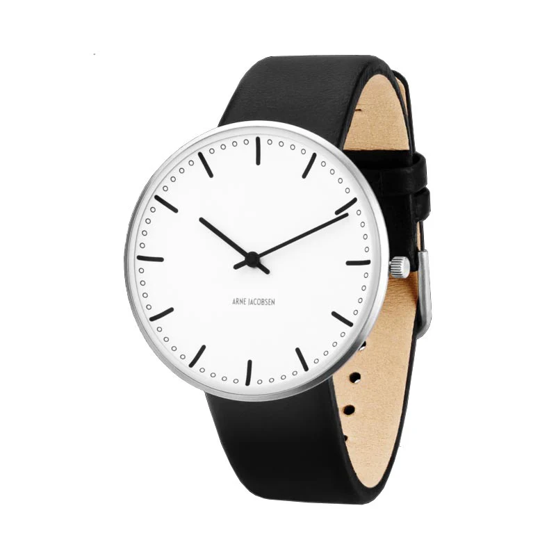 City Hall watch des. Arne Jacobsen  - 40mm diameter, white dial, black strap - Image 3