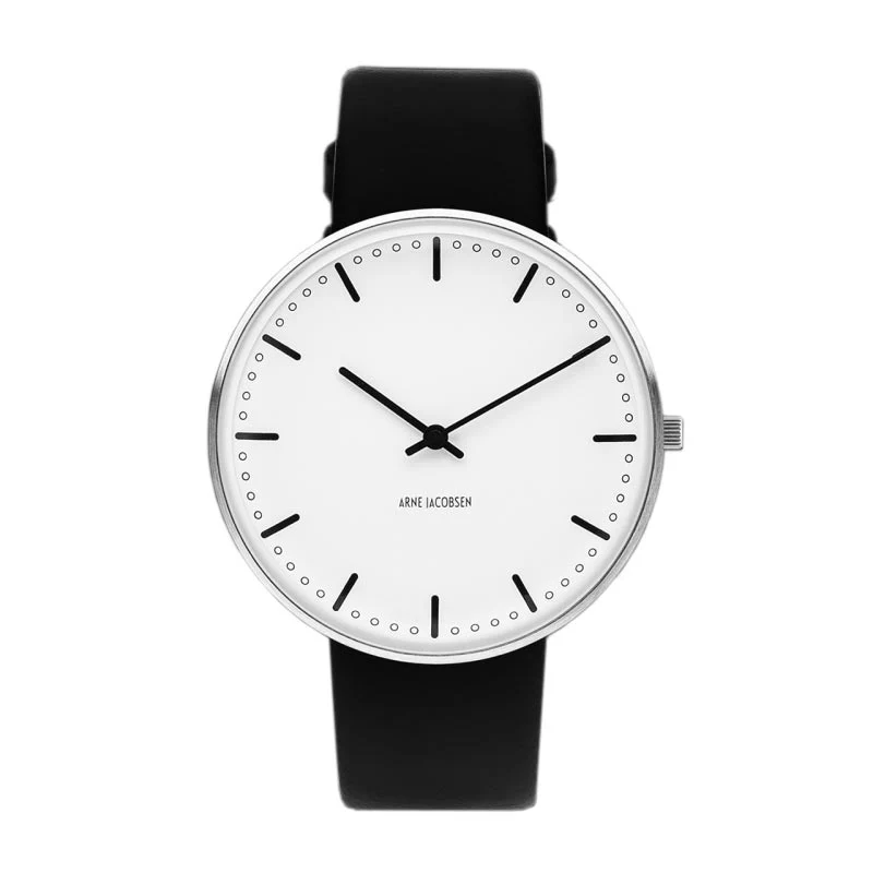 City Hall watch des. Arne Jacobsen  - 40mm diameter, white dial, black strap - Image 6