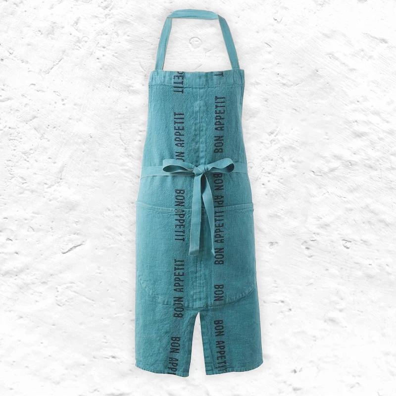 Bon Appetit 100% Linen Apron - Turquoise/Black - by Charvet Editions