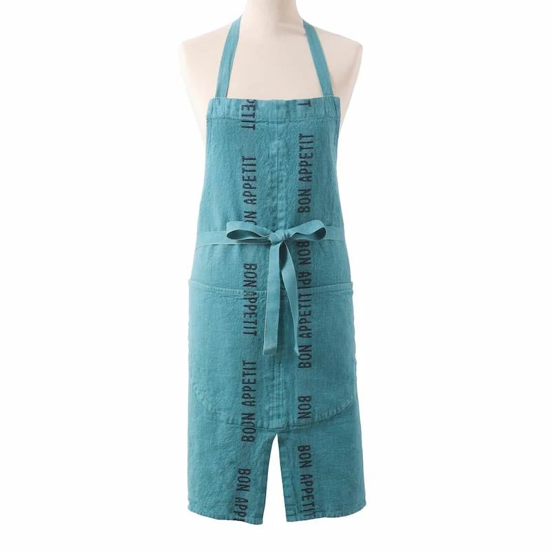 Bon Appetit 100% Linen Apron - Turquoise/Black - by Charvet Editions - Image 2