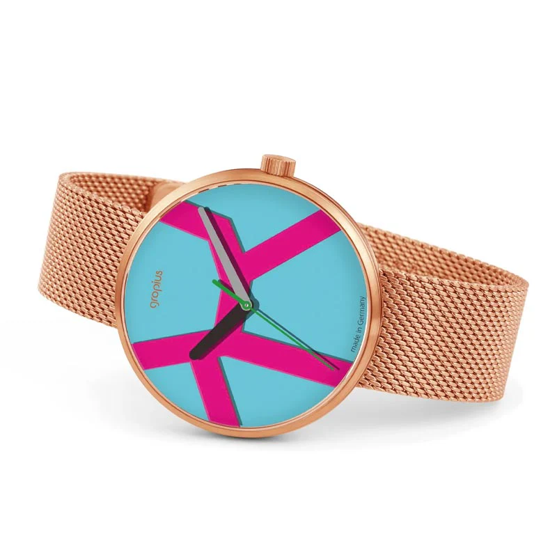 Move Watch - Rose Gold Mesh Band - Blue Pink Dial - by Walter Gropius Watches - Image 2