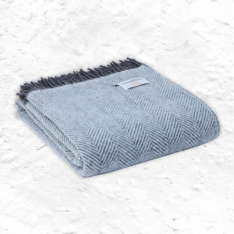 Pure New Wool Throw - Herringbone Powder Blue & Charcoal - by Tweedmill