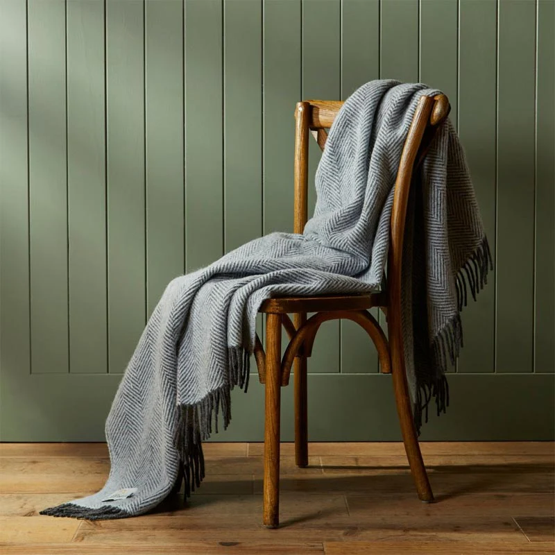 Pure New Wool Throw - Herringbone Powder Blue & Charcoal - by Tweedmill - Image 2