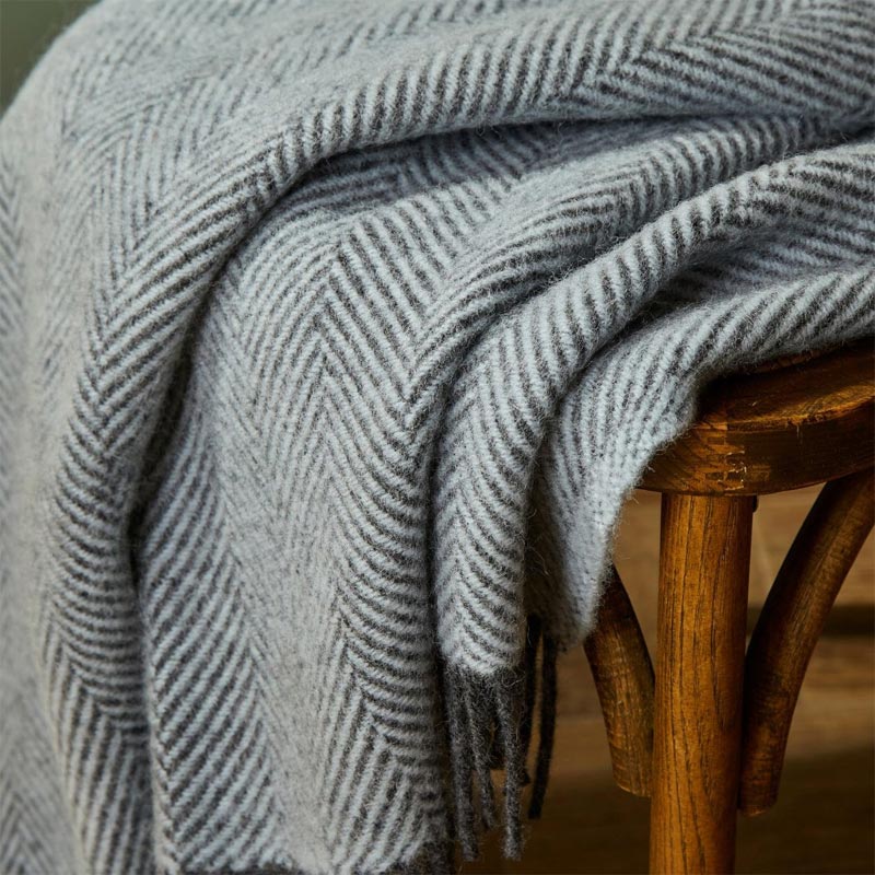 Pure New Wool Throw - Herringbone Powder Blue & Charcoal - by Tweedmill - Image 3