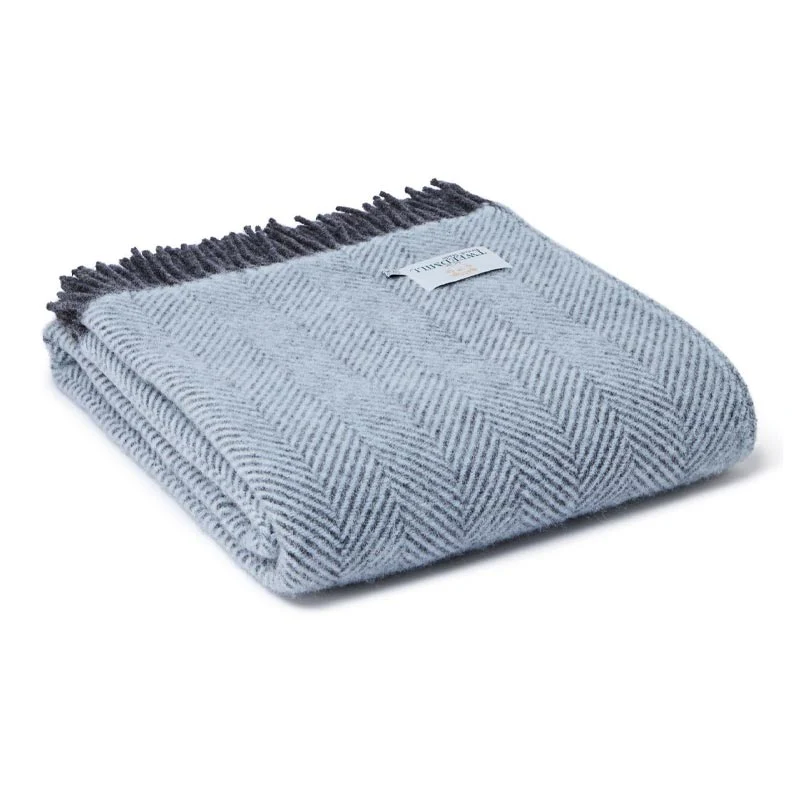 Pure New Wool Throw - Herringbone Powder Blue & Charcoal - by Tweedmill - Image 4