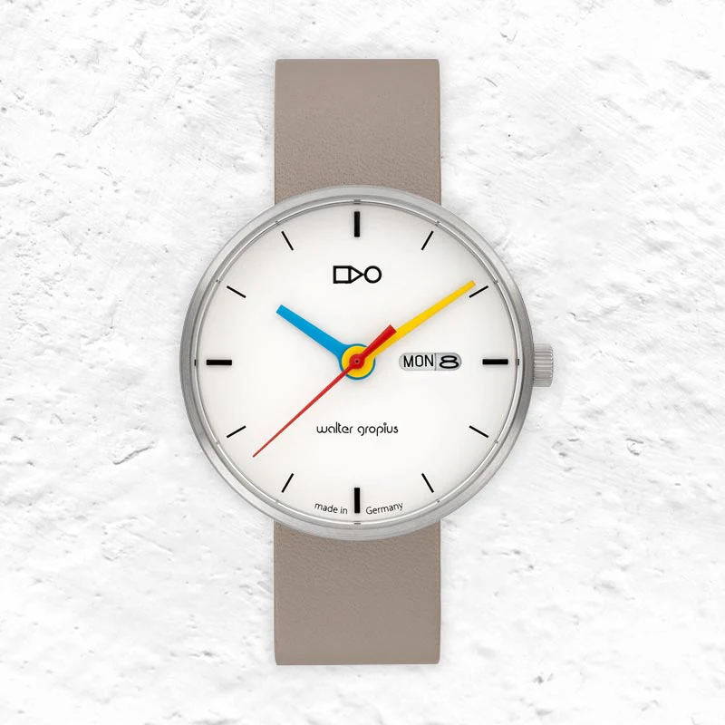 Simplex Watch - Mesh Strap - Red, Blue and Yellow hands - by Walter Gropius