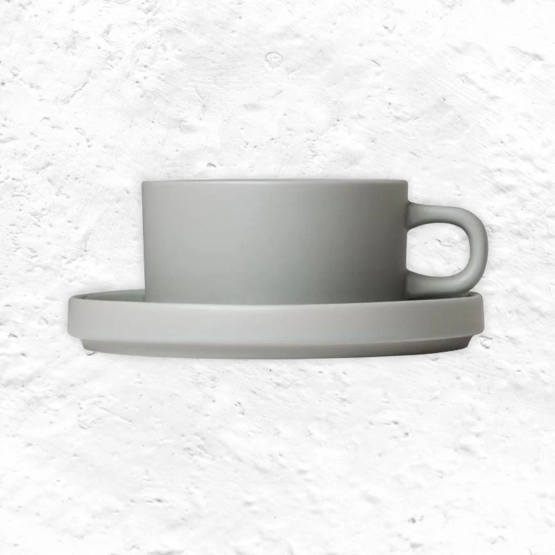 Pilar Tea cup & saucers - pair in mirage grey - by Blomus